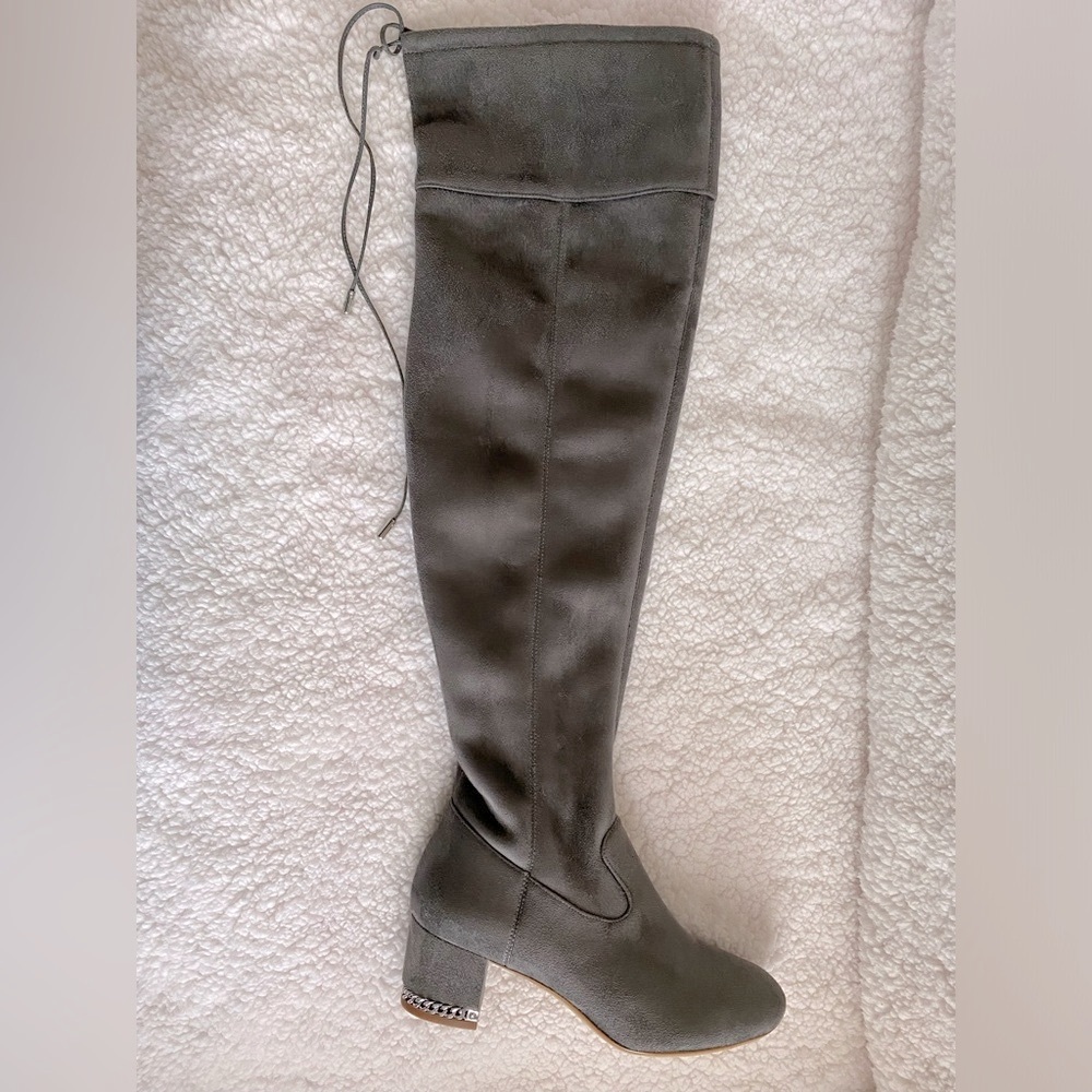 Grey Michael Kors over the knee boots, unique chain inset on heel